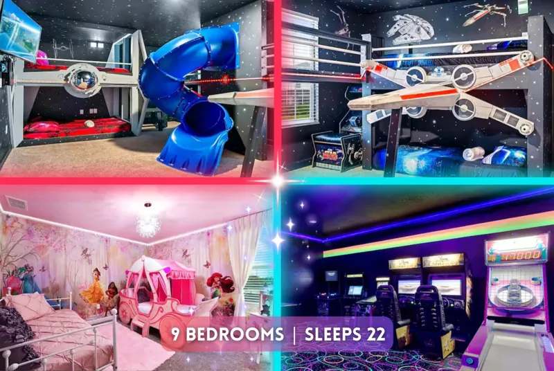 An overview collage of the themed rooms and arcade