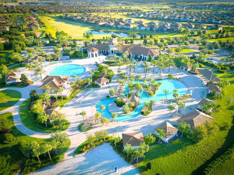 Aerial view of the resort pools and lazy river