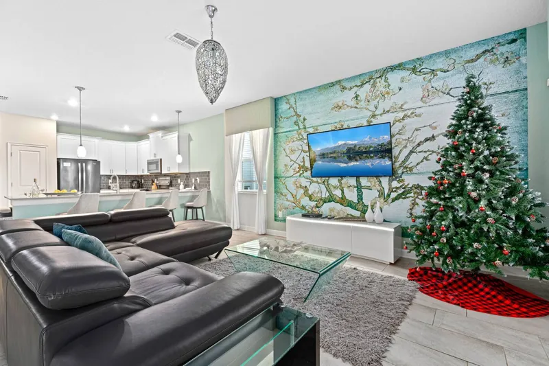 Main living room; seasonal Christmas decorations are pictured