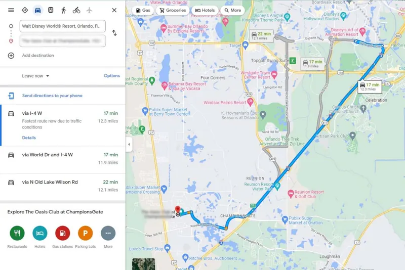 Area map from the original listing; routes and travel times vary