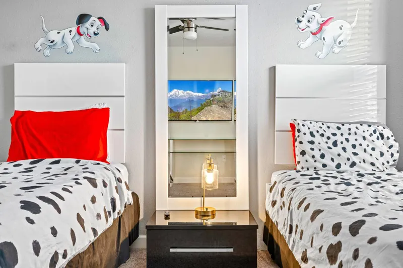 Dalmatians bedroom and adjoining bathroom doorway